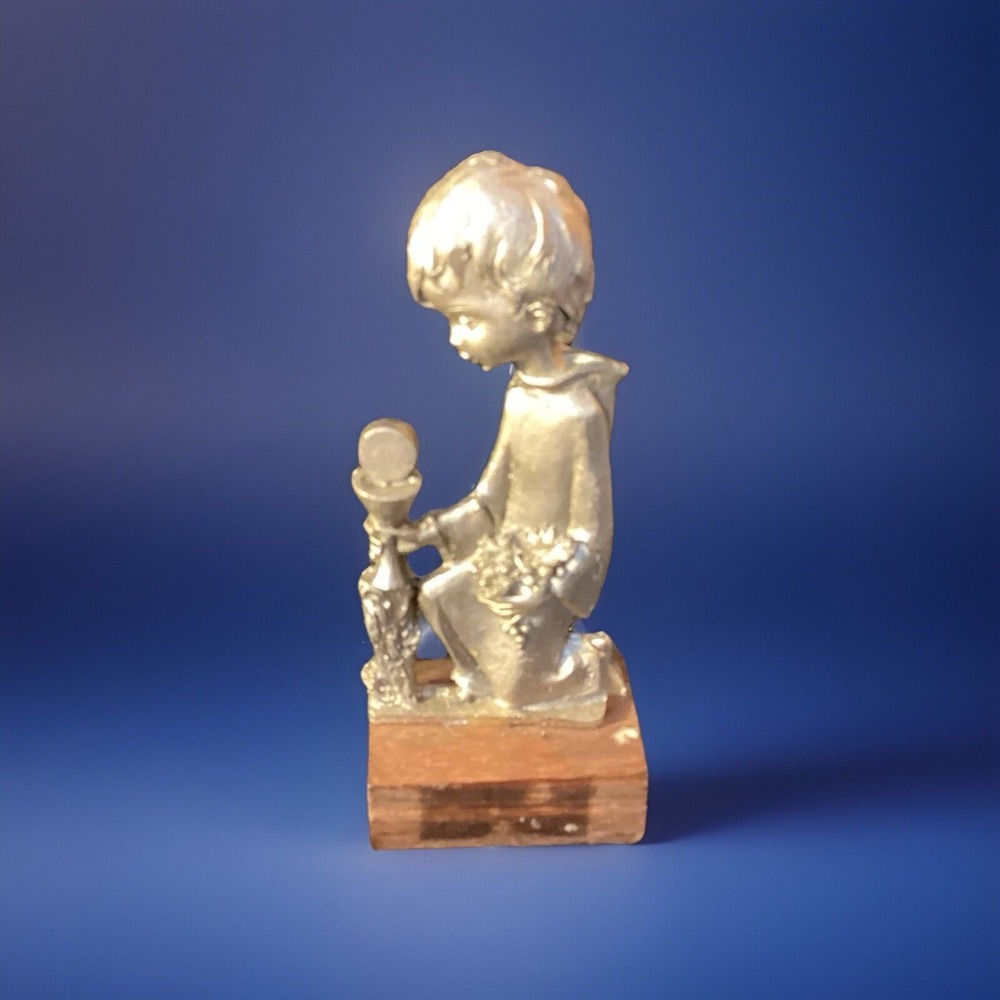 Vintage Peltro Pewter Figurine - Praying - Wood Base - Made In Italy